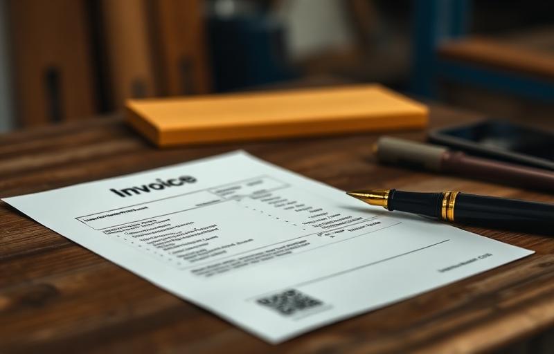 Fattura dettagliata e penna su banco di lavoro in legno